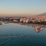 Aerial drone photo of port of famous district of South Athens riviera – Glyfada at sunset, Attica, Greece