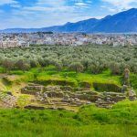 Aerial panoramic view of Sparta city with Taygetus mountains and ancient ruins remains in Peloponnese, Greece