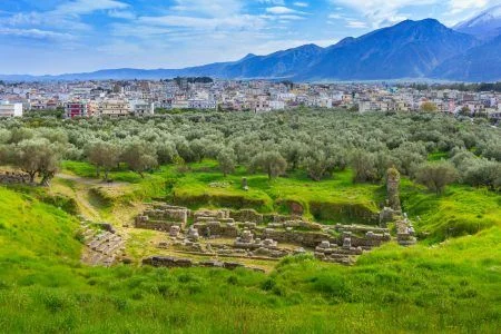 Aerial panoramic view of Sparta city with Taygetus mountains and ancient ruins remains in Peloponnese, Greece