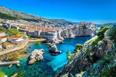 Aerial panoramic view of famous European travel destination, Dubrovnik landscape on Adriatic coast, Croatia. Selective focus