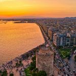 Aerial view of the famous White Tower of Thessaloniki at sunset, Greece. Image captured with an action drone camera. HDR image