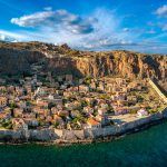 Aerial view of the old medieval castle town of Monemvasia in Lakonia of Peloponnese, Greece. Monemvasia is often called The Greek Gibraltar
