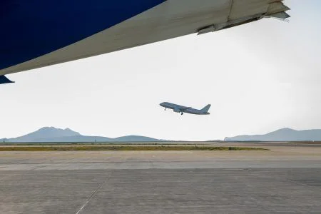 Airplane take off in Athens international airport Eleftherios Venizelos