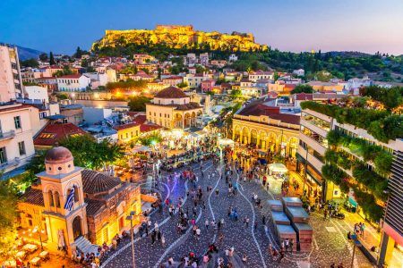 Athens, Greece – Night picture of Athens from above, Monastiraki Square and the ancient Acropolis.