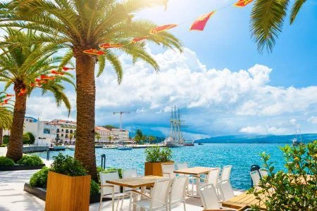 Beautiful sea promenade in Tivat, Montenegro. Kotor bay, Adriatic sea. Famous travel destination