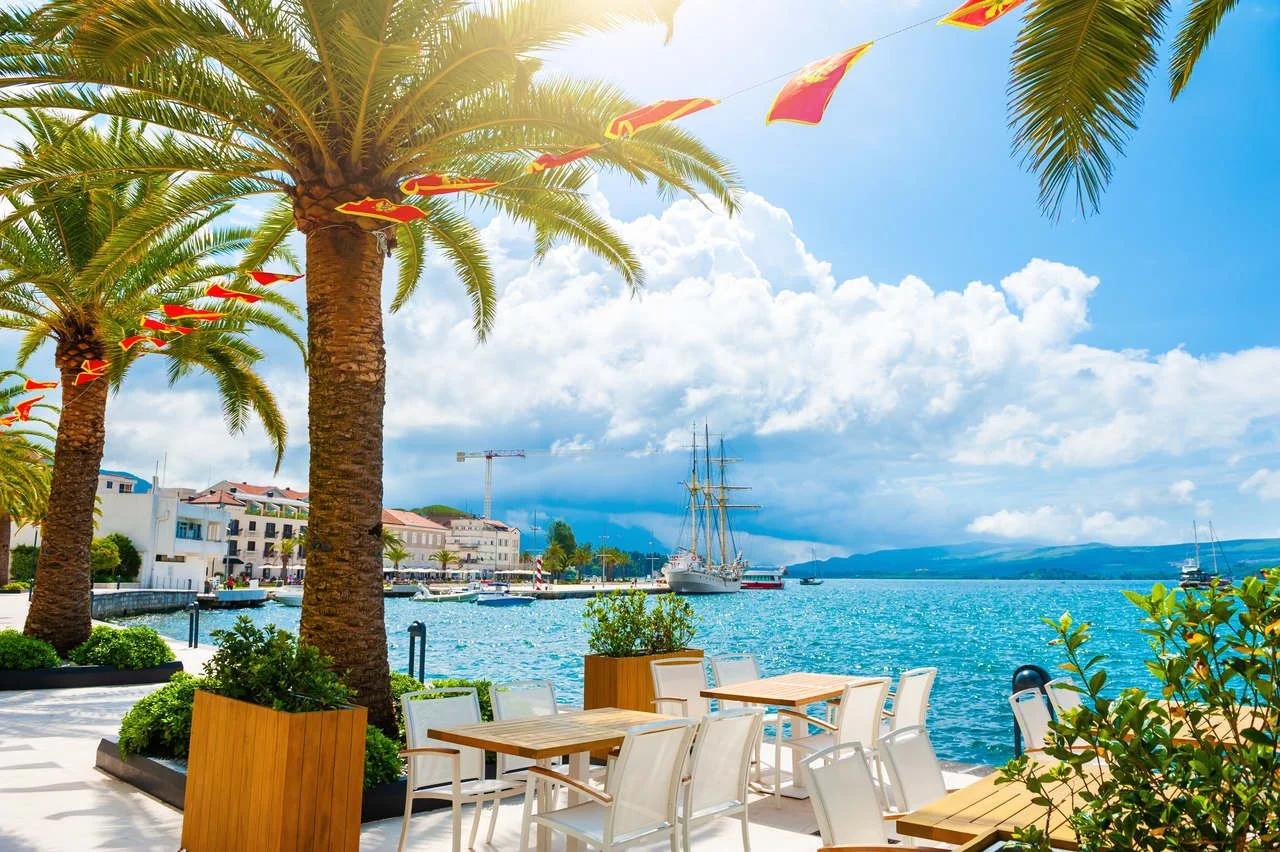 Beautiful sea promenade in Tivat, Montenegro. Kotor bay, Adriatic sea. Famous travel destination