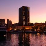 Busy port of Piraeus at dawn with beautiful sky colours, Attica, Greece
