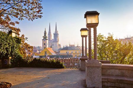 Historic towers of Zagreb sunrise, the capital of Croatia