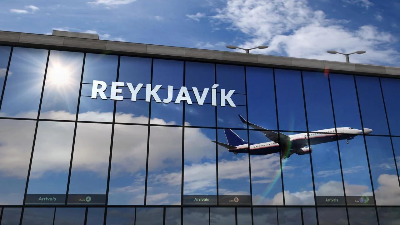 Jet aircraft landing at Reykjavik, Iceland 3D rendering illustration. Arrival in the Reykjavík city with the glass airport terminal and reflection of the plane. Travel, tourism and transport concept.