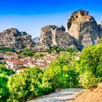 Kalabaka, Greece. City Kastraki (Kalambaka) with rocky mountains of Meteora, the landmark of six monasteries in Thessaly.