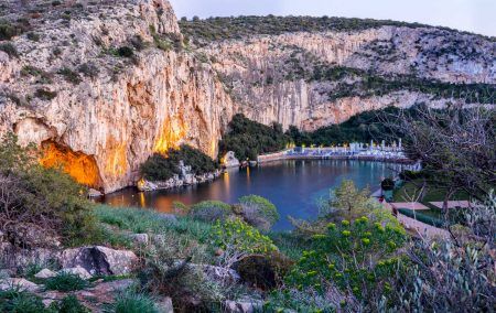 Lake Vouliagmeni near south Athens, Greece, after sunset