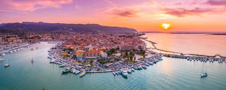 Lefkas (Lefkada) town, amazing aerial view at sunset, Greece