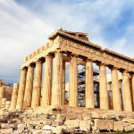 Parthenon temple in sunny day. Acropolis in Athens, Greece. The Parthenon is a temple on the Athenian Acropolis in Greece, dedicated to the goddess Athena.