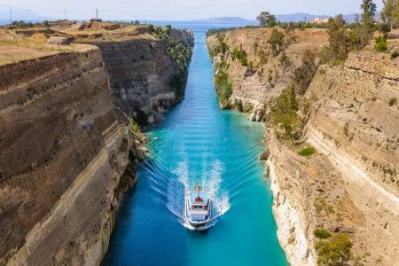 Ship passing through the Corinth Canal in Greece