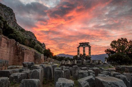 Sky on fire over the Temple to Athena Pronaia in Delphi