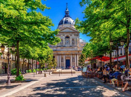 The Sorbonne is an edifice of the Latin Quarter, in Paris, France, which was the historical house of the former University of Paris. Architecture and landmarks of Paris. Postcard of Paris
