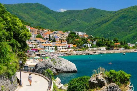 The picturesque city Herceg Novi, Montenegro, in the mountains, shore of Kotor. Scenic summer resort landscape in Herceg Novi. Spring, summer rest, vacation