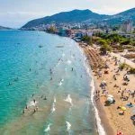 Top view of Tolo beach or Psili Ammos is from the most popular tourist resorts of Argolida in Peloponnese, Greece