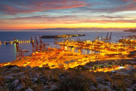 View of Piraeus harbour in Athens from the foothills of Aegaleo mountains