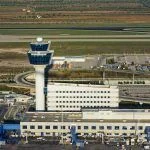 View of the Athens International Airport Eleftherios Venizelos from an ascending airplane