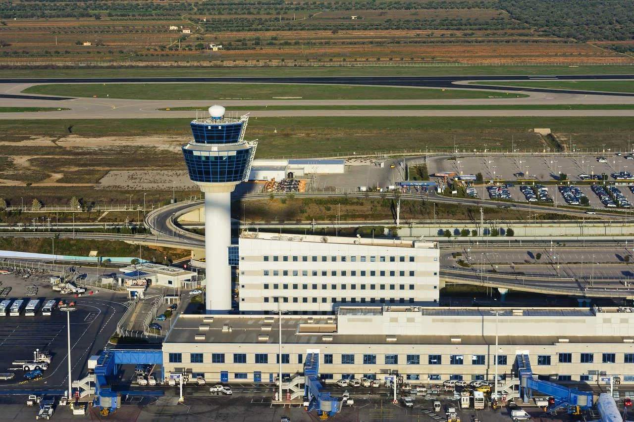 View of the Athens International Airport Eleftherios Venizelos from an ascending airplane