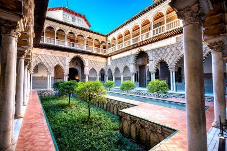 A real Alcazar in Seville. Patio de las Doncellas in the royal palace, Real Alcazar (built in 1360), Spain