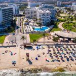 Aerial view, helicopter flight over the bay of Cala Millor and Cala Bona, Manacor region, Mallorca, Ballearen, Spain