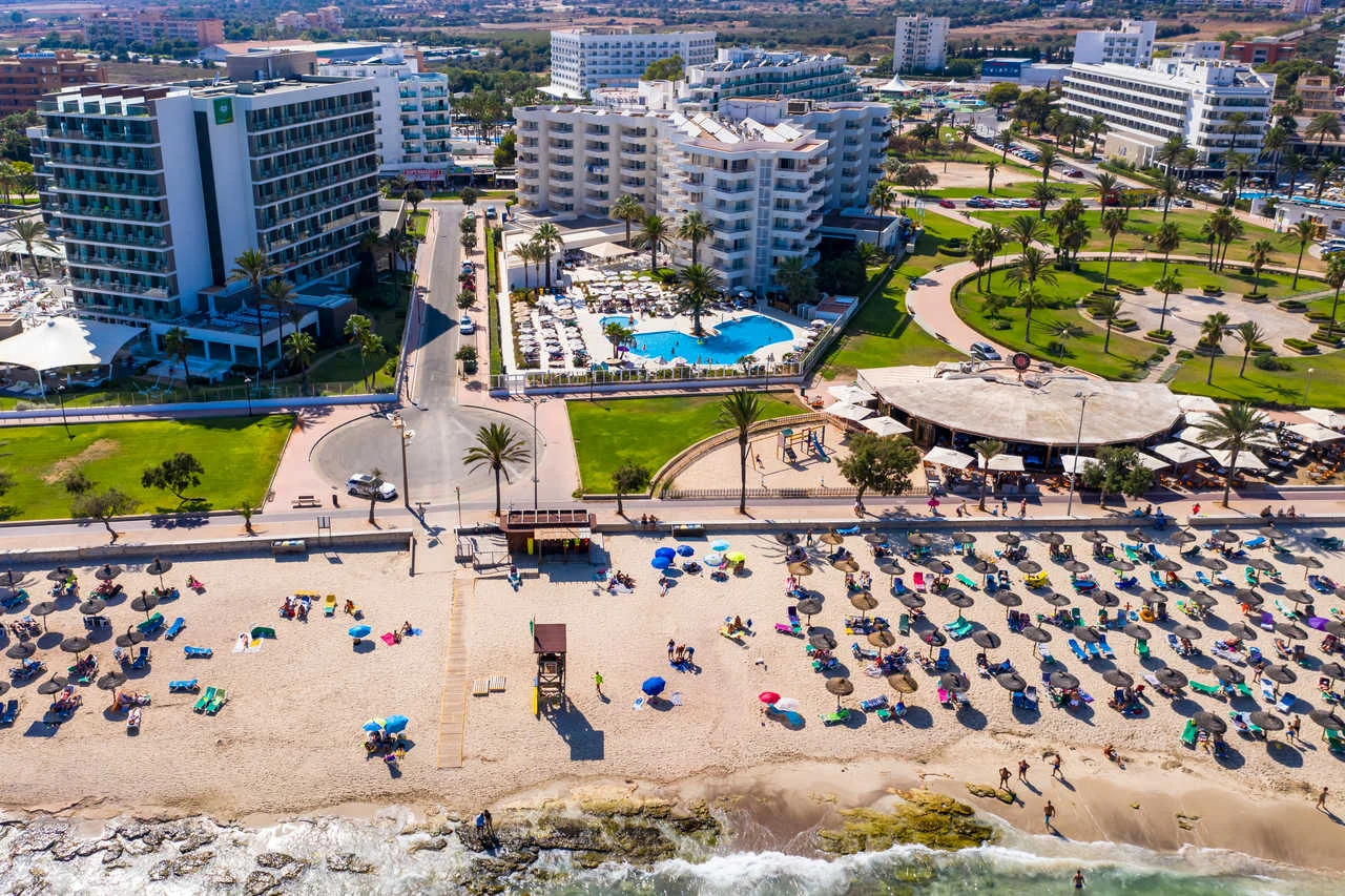 Aerial view, helicopter flight over the bay of Cala Millor and Cala Bona, Manacor region, Mallorca, Ballearen, Spain