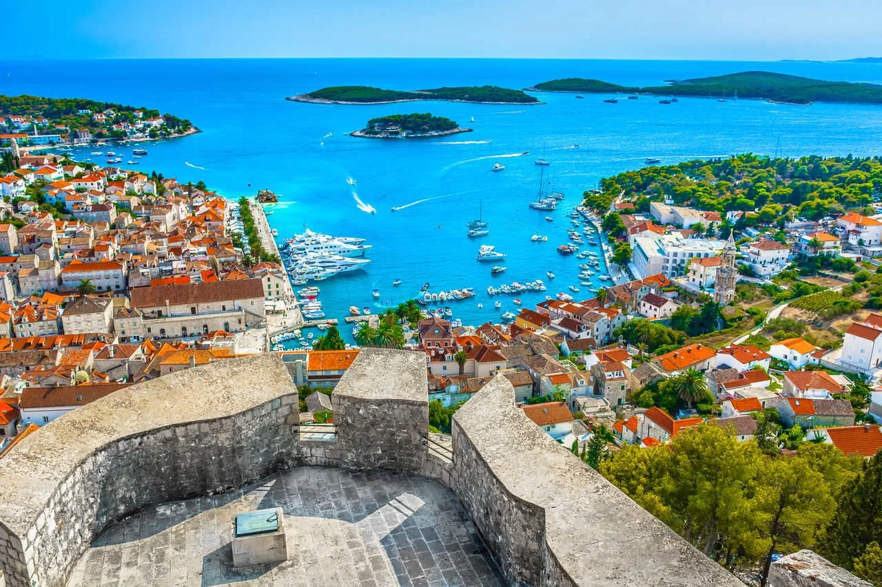Aerial view of the amazing archipelago in front of the town of Hvar, Mediterranean Croatia.