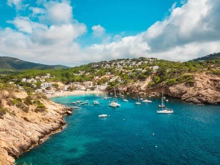 Aerial view of the cliffs and the beach of Cala Vadella, Ibiza, Spain.beach where summer families with children