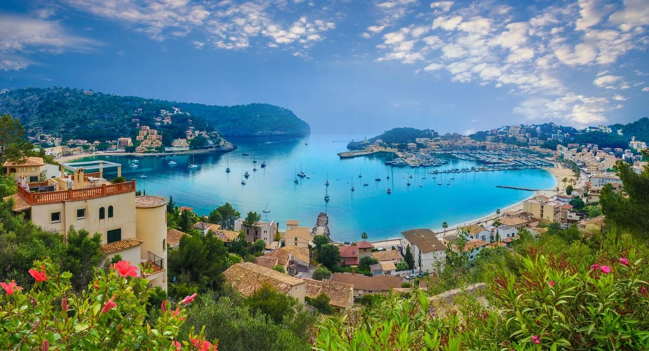 Aerial view of the port of Soller in Mallorca, Spain