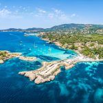 Aerial view of the sea coastline and Cala Xinxell, Illetas, Mallorca island, Spain