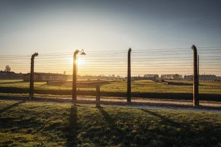 Barbed wire fence at Auschwitz II – Birkenau, former German Nazi Concentration and Extermination