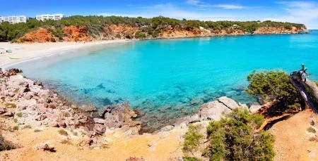 Cala Llenya in Ibiza with turquoise water in Balearic islands