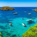 Majorca Panorama, a beautiful sea bay with luxury yachts on the coast of Santa Ponsa, Mallorca of the Mediterranean Sea, Balearic Islands.