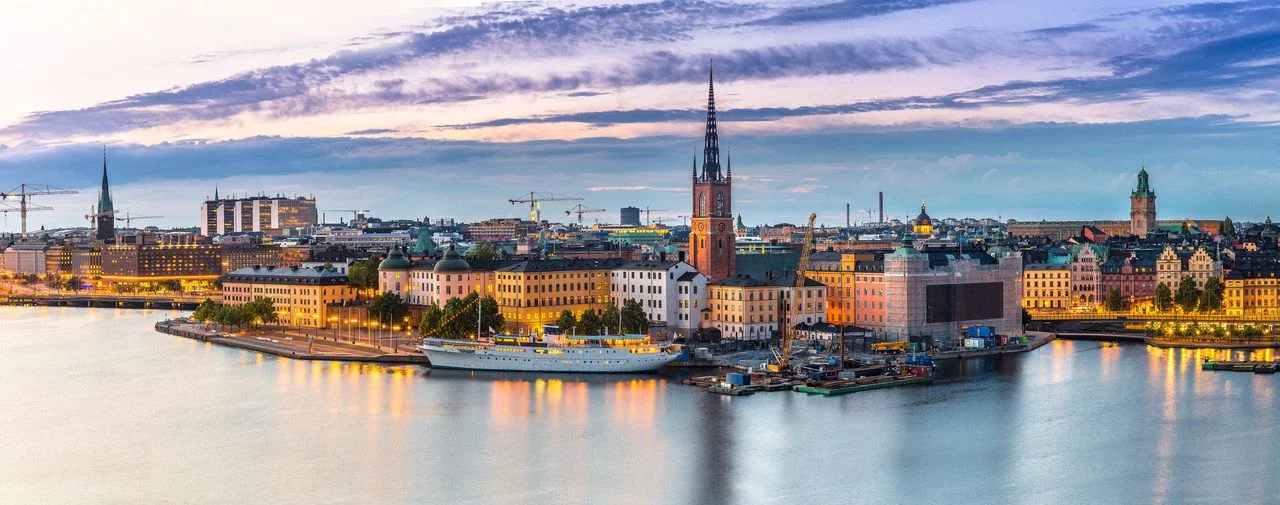 Panoramic view of the Old Town (Gamla Stan) in Stockholm, Sweden during the summer night