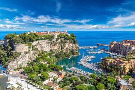Panoramic view of the Prince’s Palace in Monte Carlo on a summer day, Monaco
