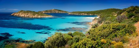 Panoramic view of the beautiful coast of Teulada in Sardinia with the little Island of Tuerredda. Turquoise sea in the coast of Sardinia. Tuerredda Coast, Sardinia, Italy. High resolution.