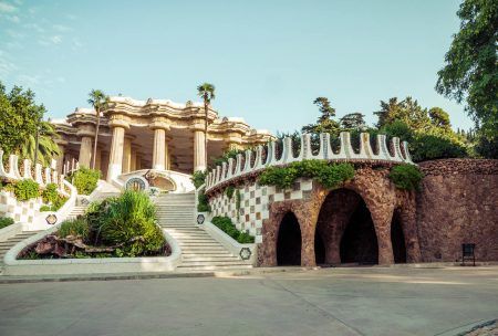 Park Guell designed by Antoni Gaudi in Barcelona, Spain. Vintage retro style