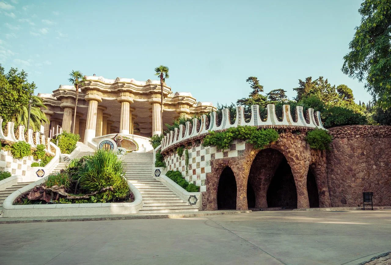 Park Guell designed by Antoni Gaudi in Barcelona, Spain. Vintage retro style