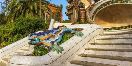 Stairway with sculpture Salamanders Mosaic lizard ceramic tile, decoration in Park Guell, Barcelona, Spain.