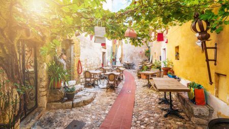 Street in the medieval village of Eze by the French French Riviera, Cote d’Azur, France