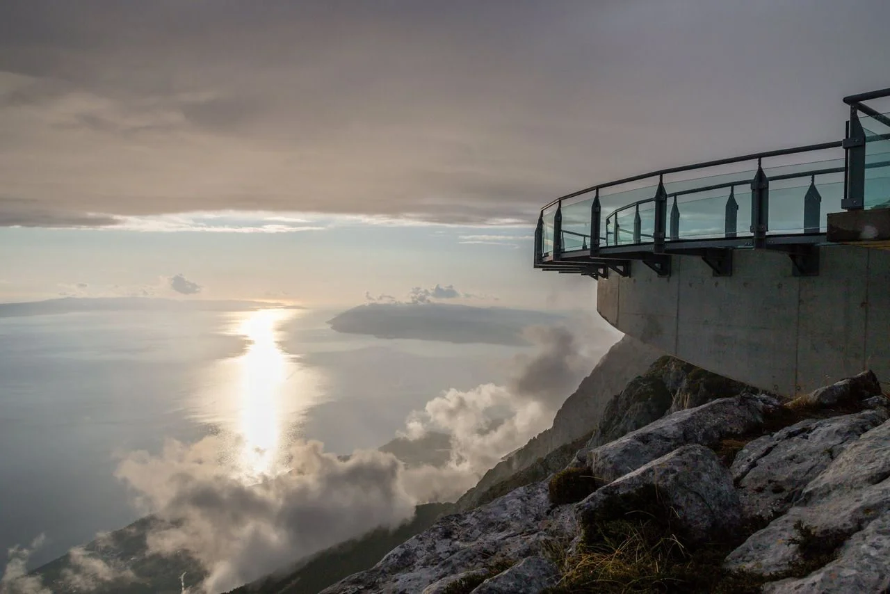 The Skywalking on Biokovo Mountain, Croatia. Evening mystical low clouds