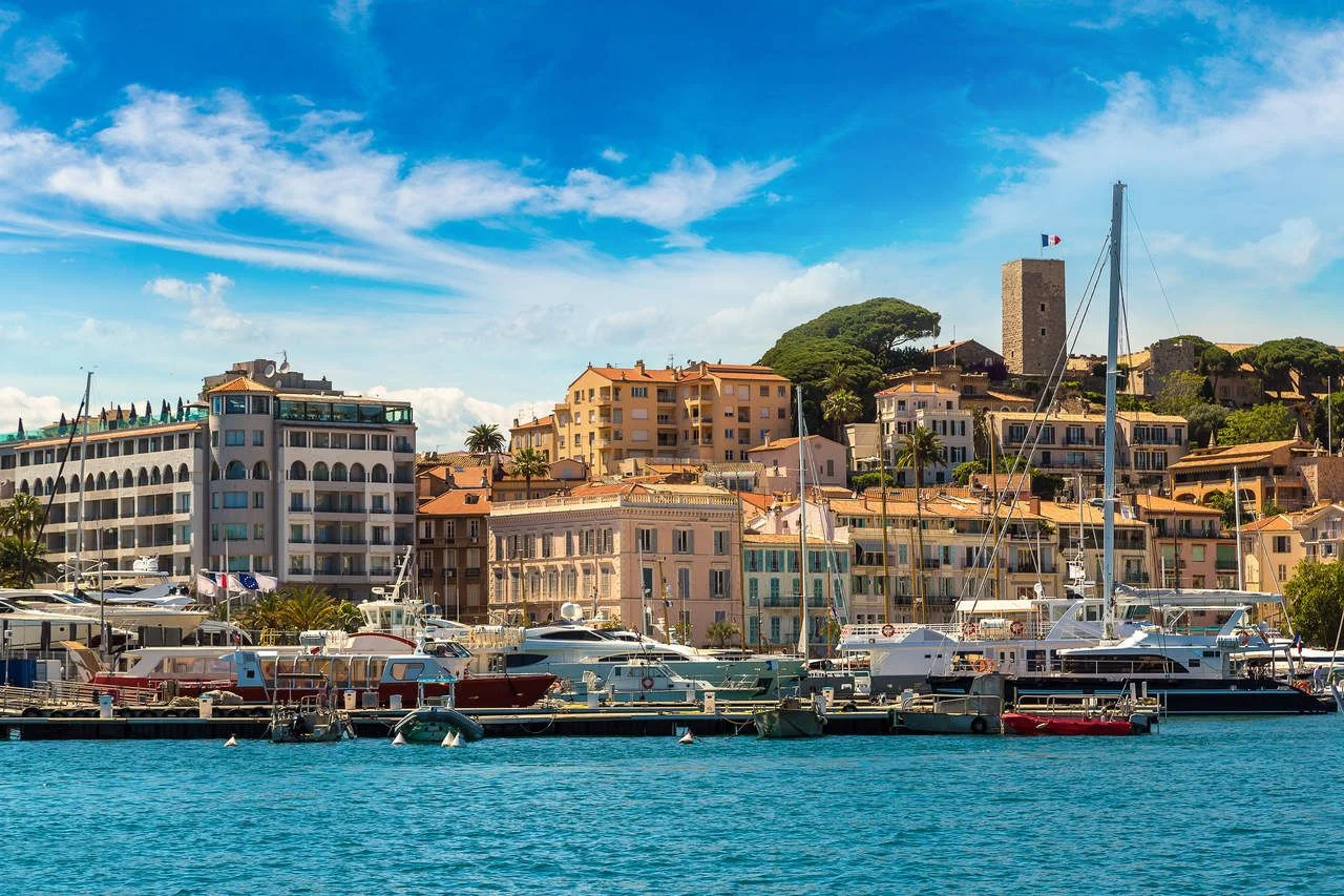 Yachts anchored in the port of Cannes on a beautiful summer day, France