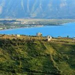 Adriatic sea evening coastline top view (near Orikum, Albania).