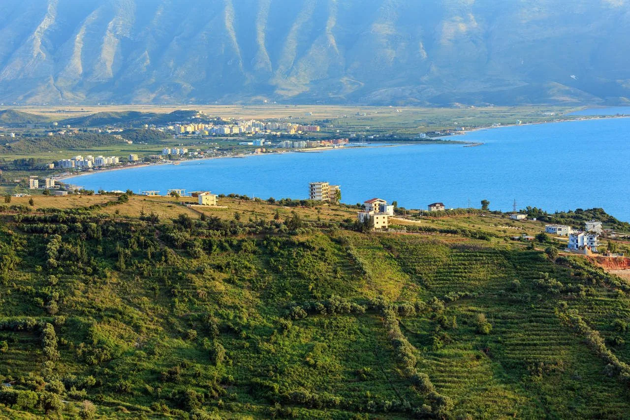 Adriatic sea evening coastline top view (near Orikum, Albania).