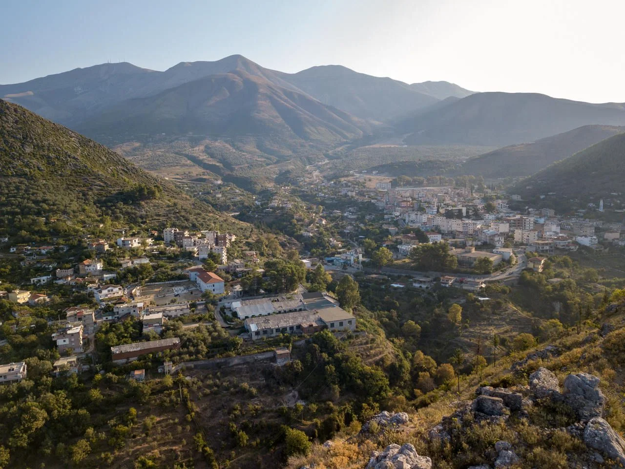 Aerial view of Delvine : Delvina in Albania. Taken in autumn with beautiful mountains in background.