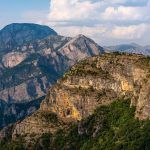 Albanian mountain panorama in warm evening light, between Theth mountain village and the remote Vermosh village, Albania