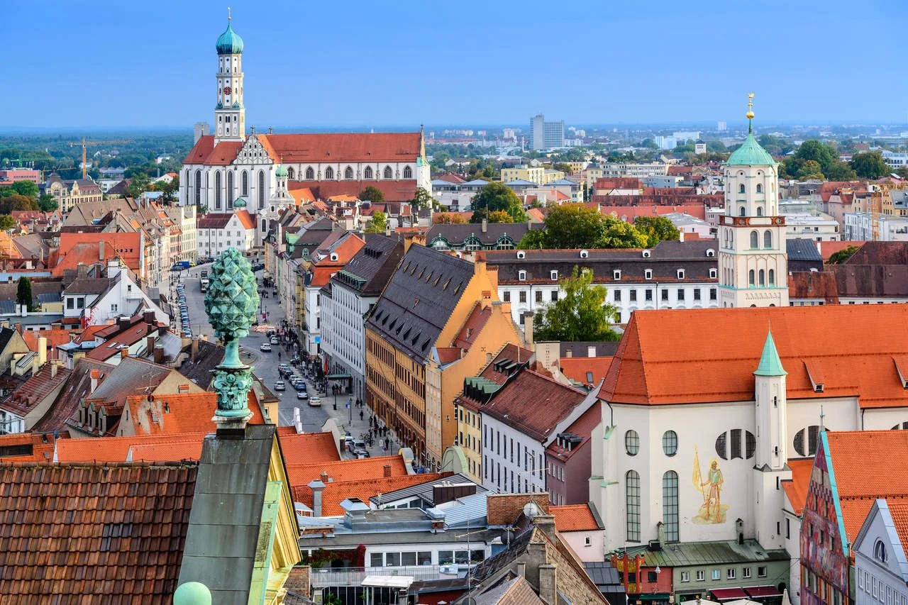 Augsburg, Germany old town skyline towards Basilica of SS. Ulrich and Afra.