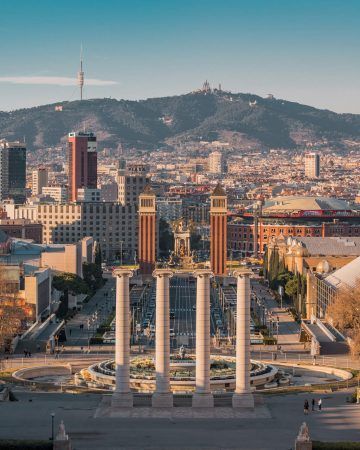 BARCELONA, SPAIN- JANUARY 20, 2020: Panorama of Barcelona from the mountain Montjuic. View of the square of Spain, Plaza de Espana. Catalonia, Spain
